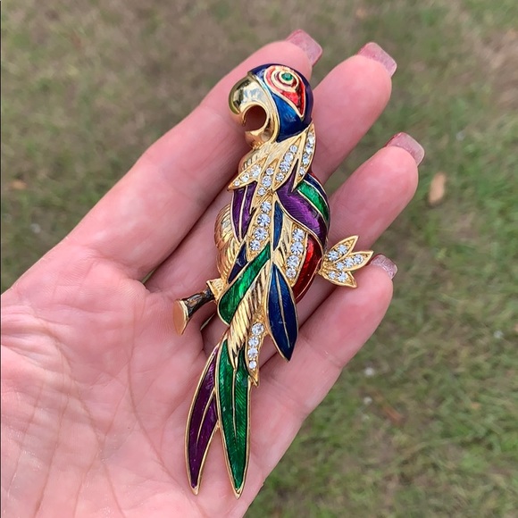 None Jewelry - Modern Large Parrot Enamel & Rhinestone Brooch